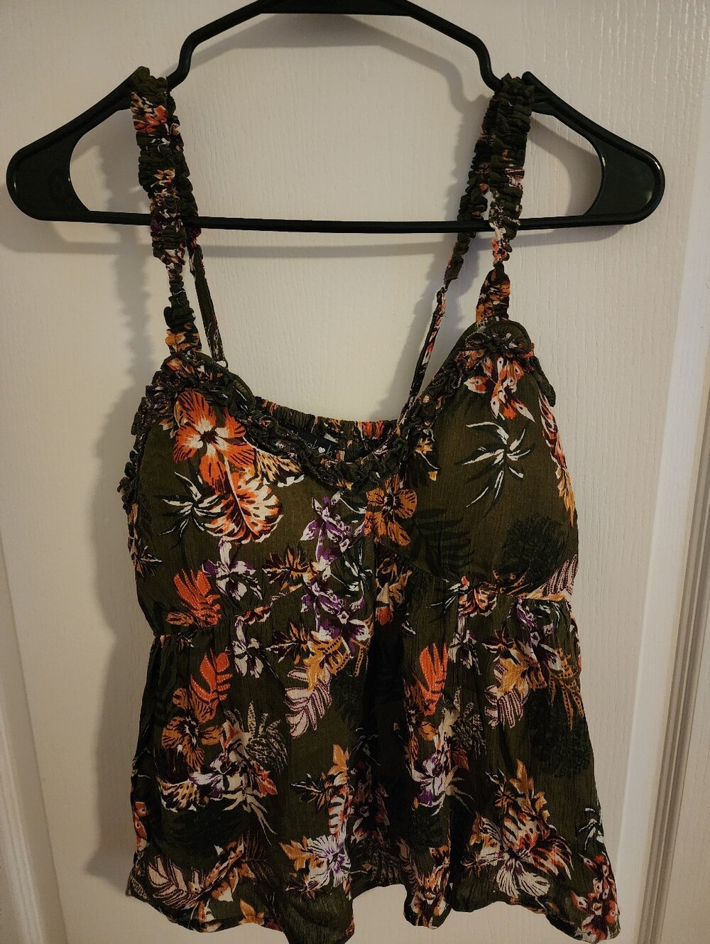 Derek Heart Olive Green Floral Ruffle Padded Cup Babydoll Tank Top Size- Small